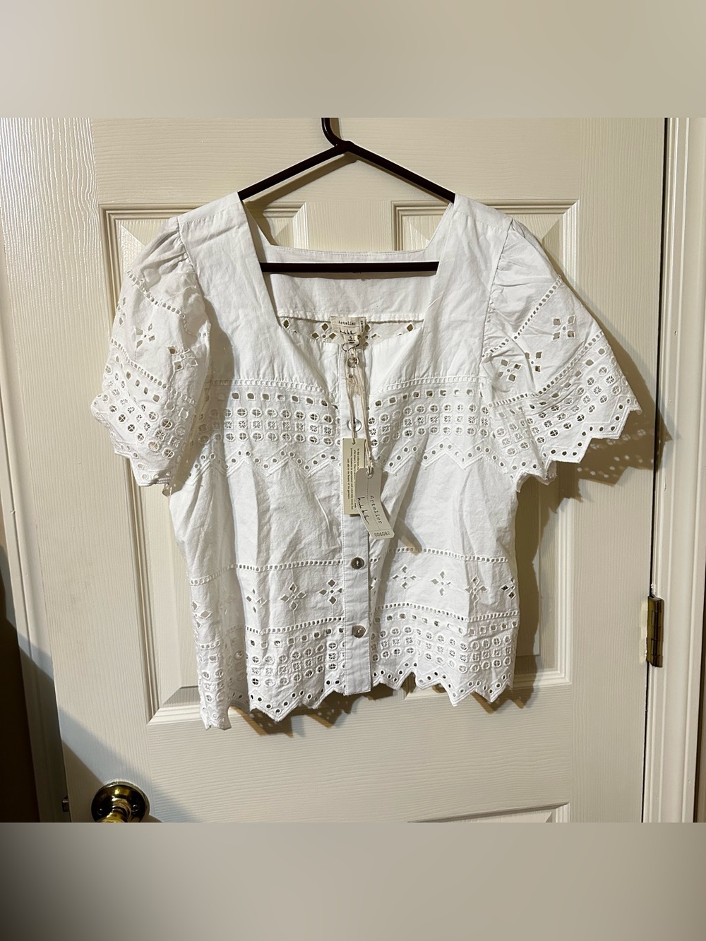 White Eyelet Square-Neck Button Front Blouse